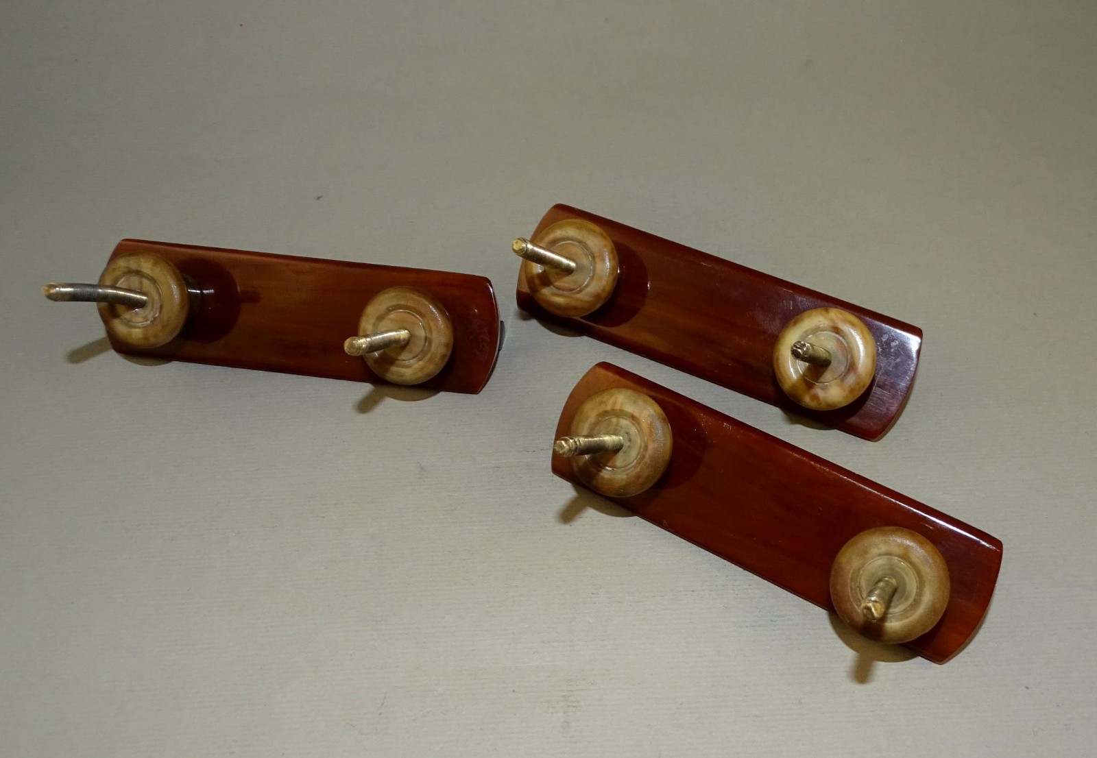 3 Old Vintage Art Deco Bakelite Marbled Brown Drawer Pulls Cabinet Handles