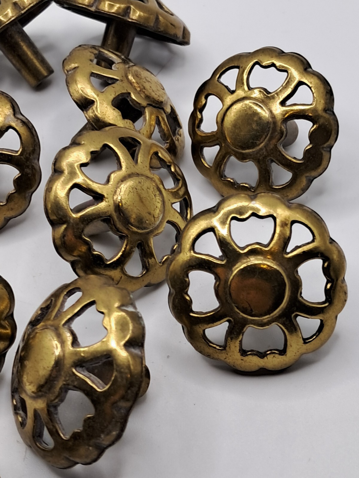 12 Vintage Drawer Knob Ornate Floral Brass Tone Floral Cut-Out Round 1.75″