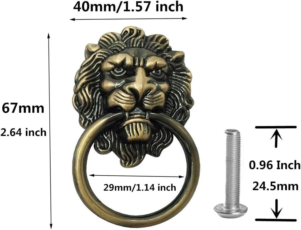 6 Pcs Lion Head Knobs Pull, Antique Bronze Ring Pull Handles for Dresser Drawers