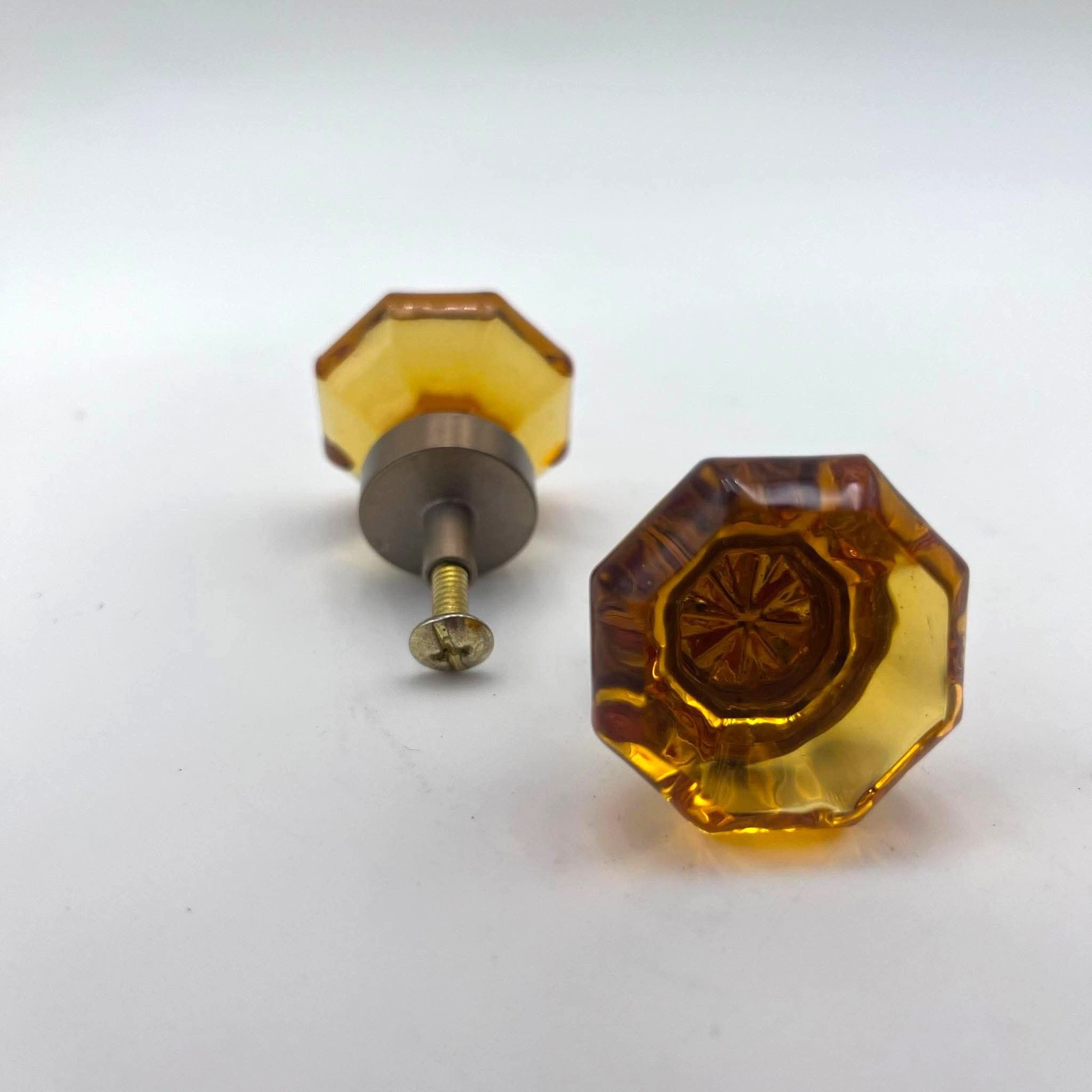 Vintage Amber Glass Cabinet/Drawer Knobs Octagon Crystal Dresser Pulls