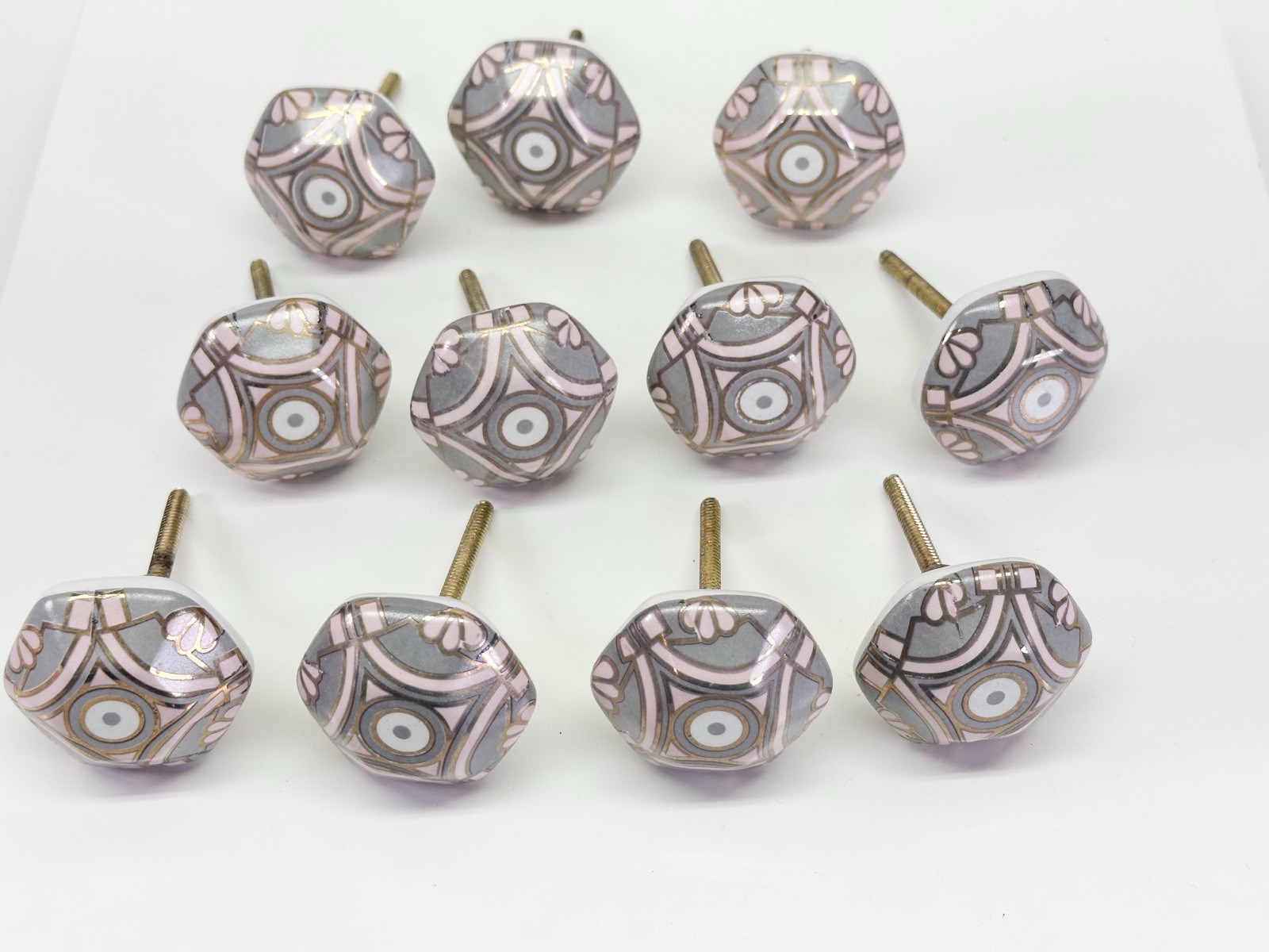 (11) Vintage Pink Grey Gold Geometric Nouveau Drawer Pulls Girly 1.5” Shaft Cute