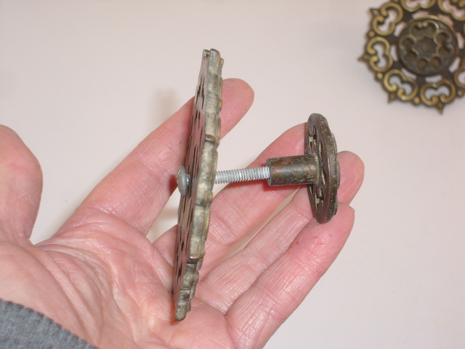 Pair of Vintage Antique Gold Amerock Cabinet Drawer Pulls, Back Plate & Knob