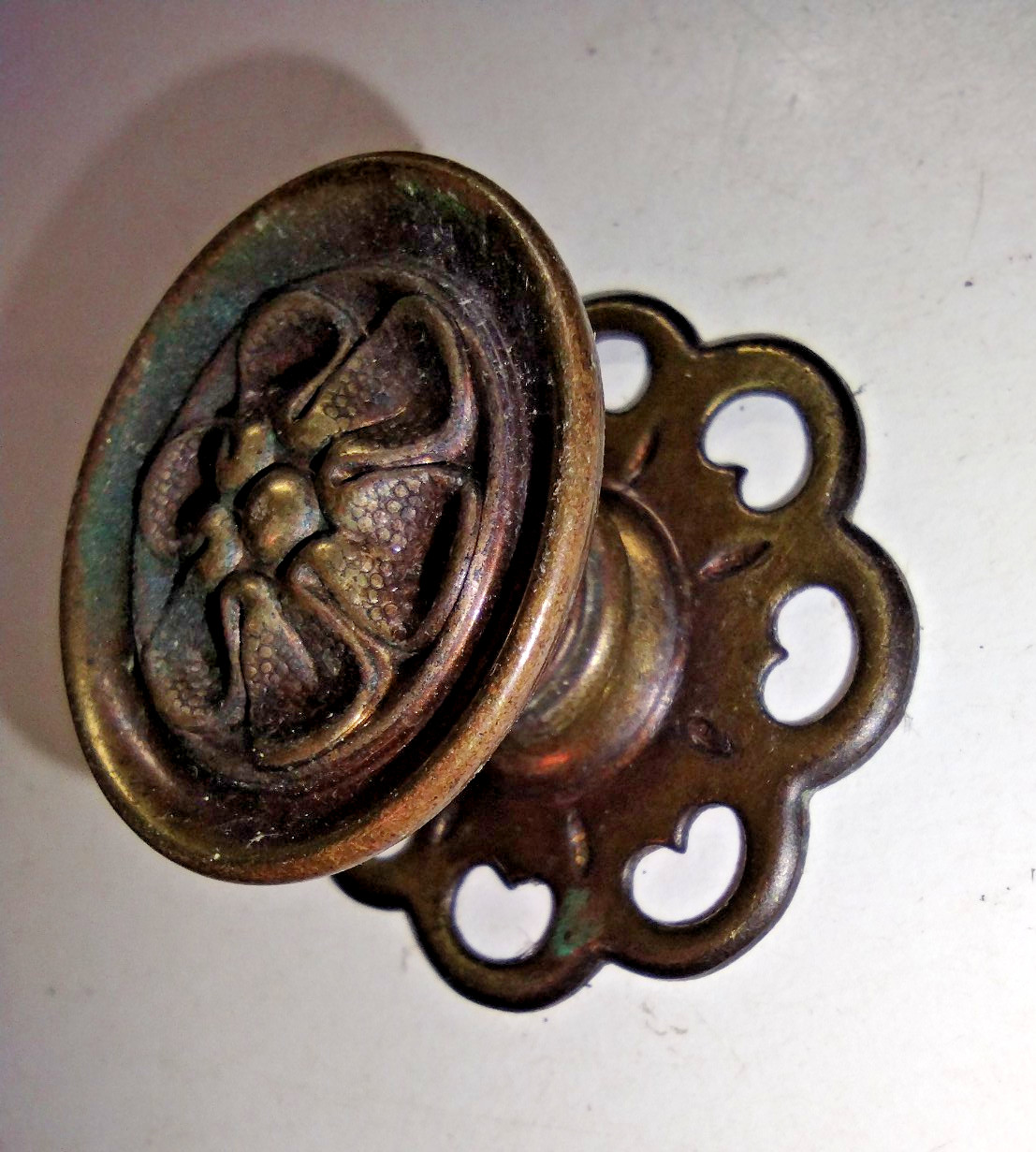 Victorian Crimped Hollow 2 Part Dark Aged Brass Cabinet Door Pull Knob + Rosette