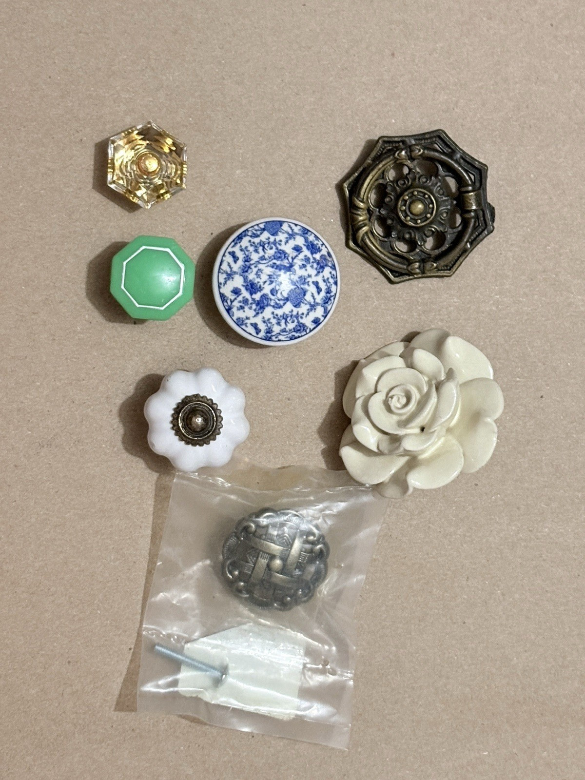 Vintage Drawer Cabinet Pull Knobs Lot Of 7 Ceramic Brass Wood Lucite