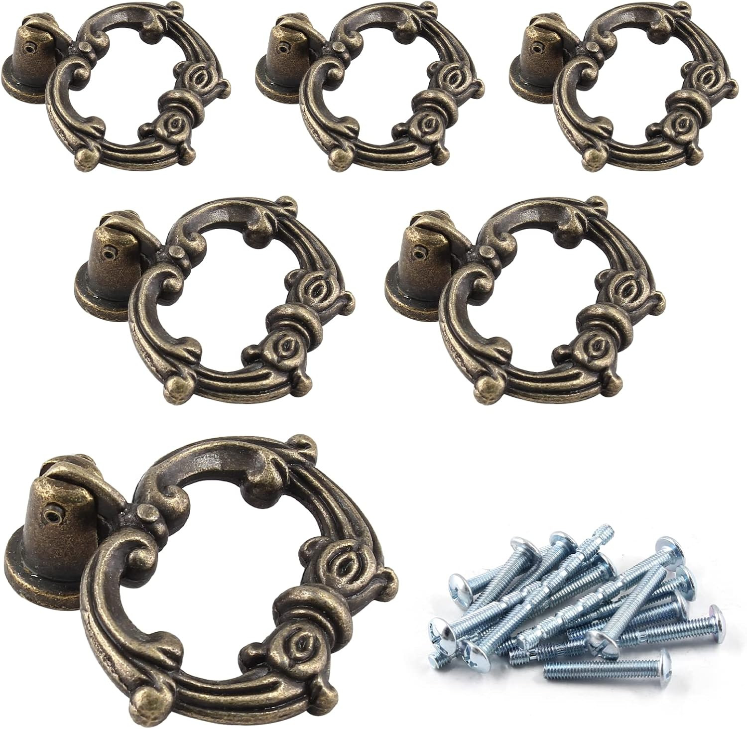 Luomorgo 6 Pcs Antique Bronze Drop Ring Drawer Pulls, Vintage Cabinet Pull Handl