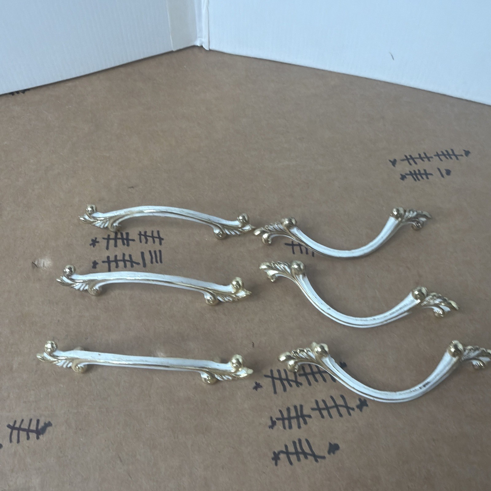 6 Vintage JB French Provincial MCM Antique Brass w/ White Drawer Pulls