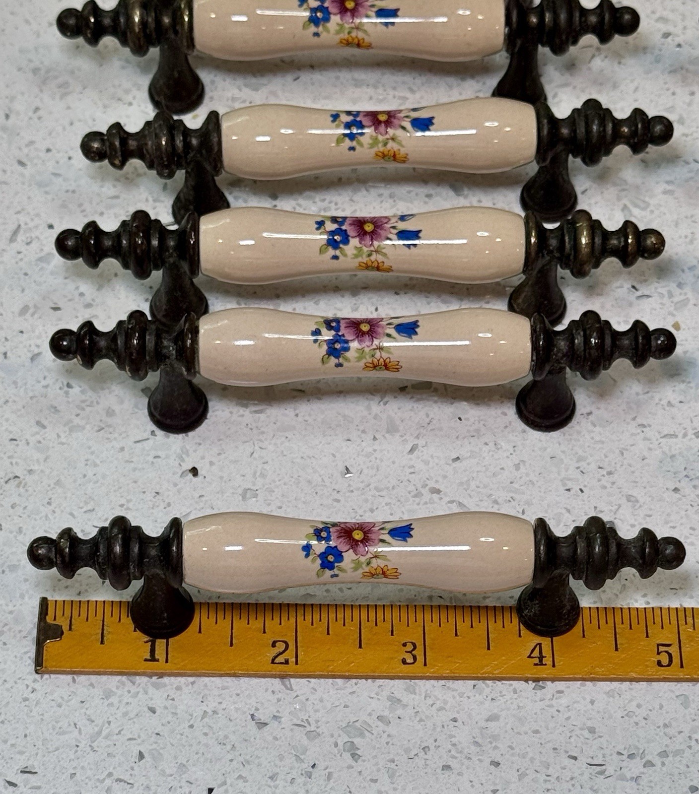 1960’s Vintage Antique Brass Ceramic Floral Drawer Cabinet Pull Handle Set of 28