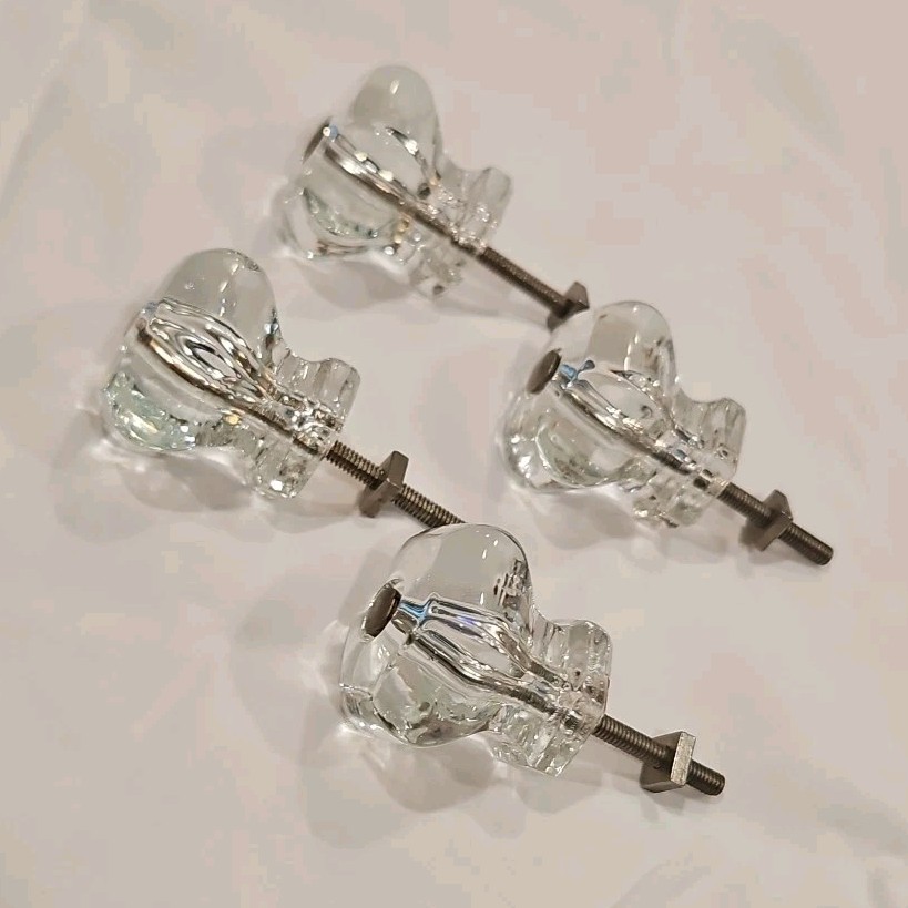 Set of 4 Rare Vintage Clear Glass Knobs Cabinet Drawer Hardware Rounded Hexagon