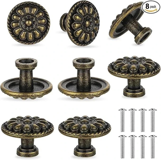 8 Pack Antique Brass Drawer Knobs Vintage Round Cabinet Pulls 1.18 Inch