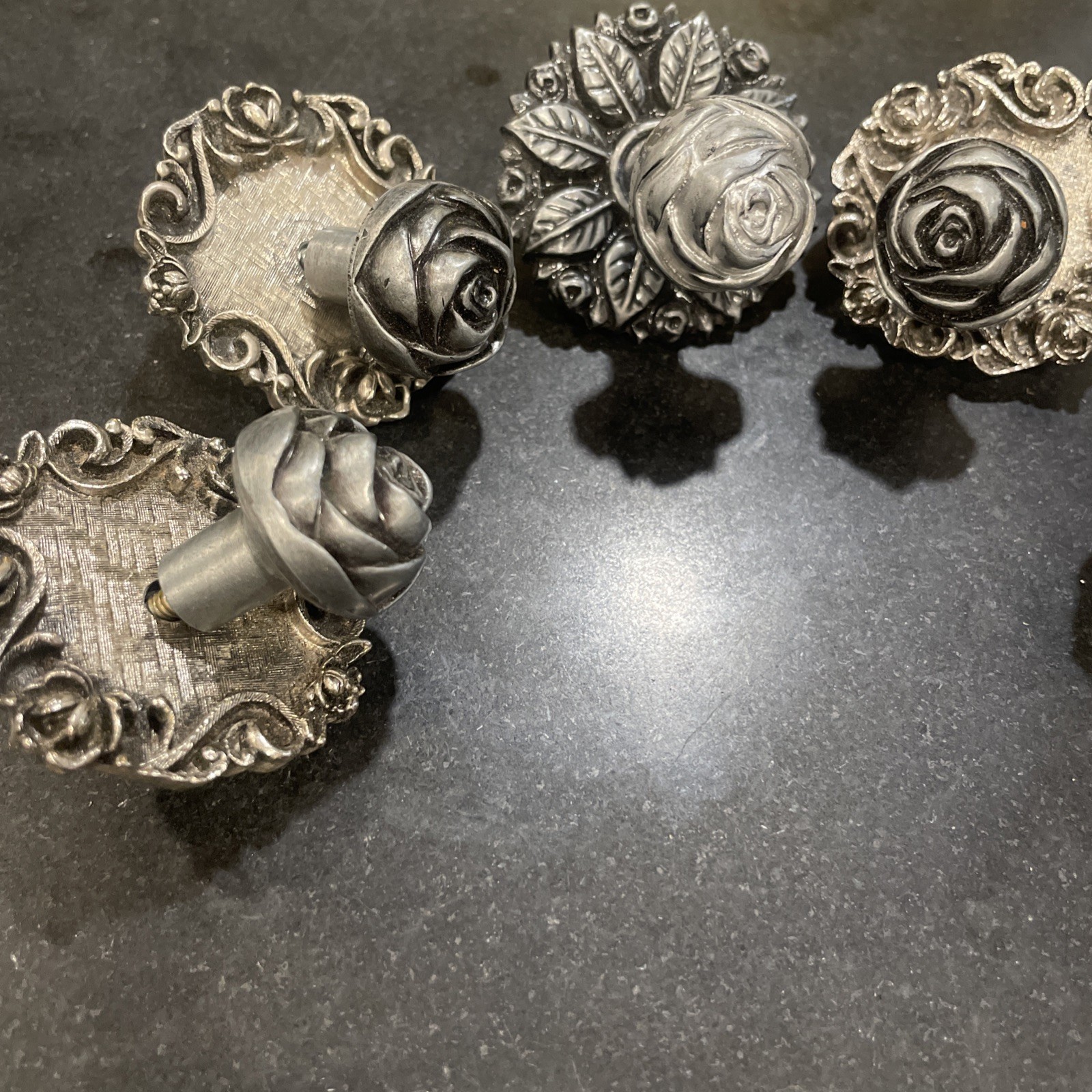 (5) Vtg French Provincial Drawer Dresser Knob Pull Metal Floral Rose 3D Design
