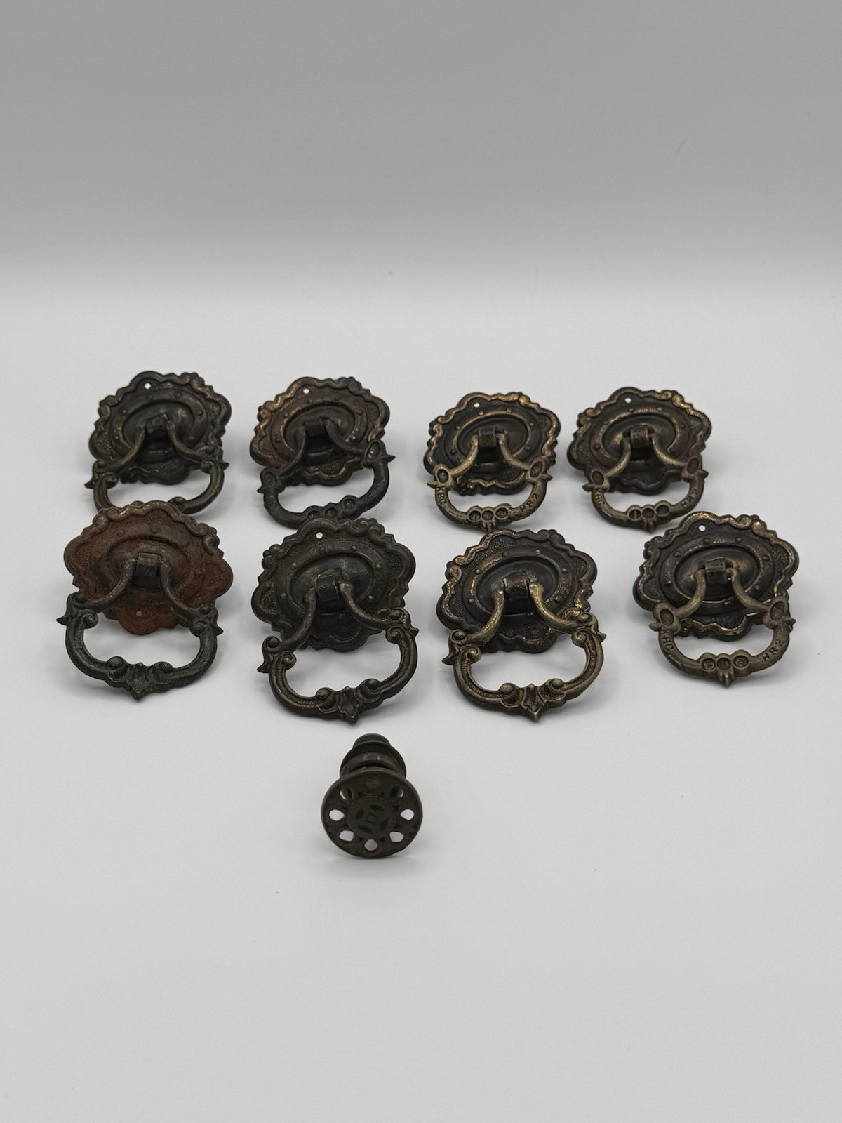 Lot of 8 Ornate Brass Tone Bail Drawer Pulls w/ Backplates, Metal, Rusted