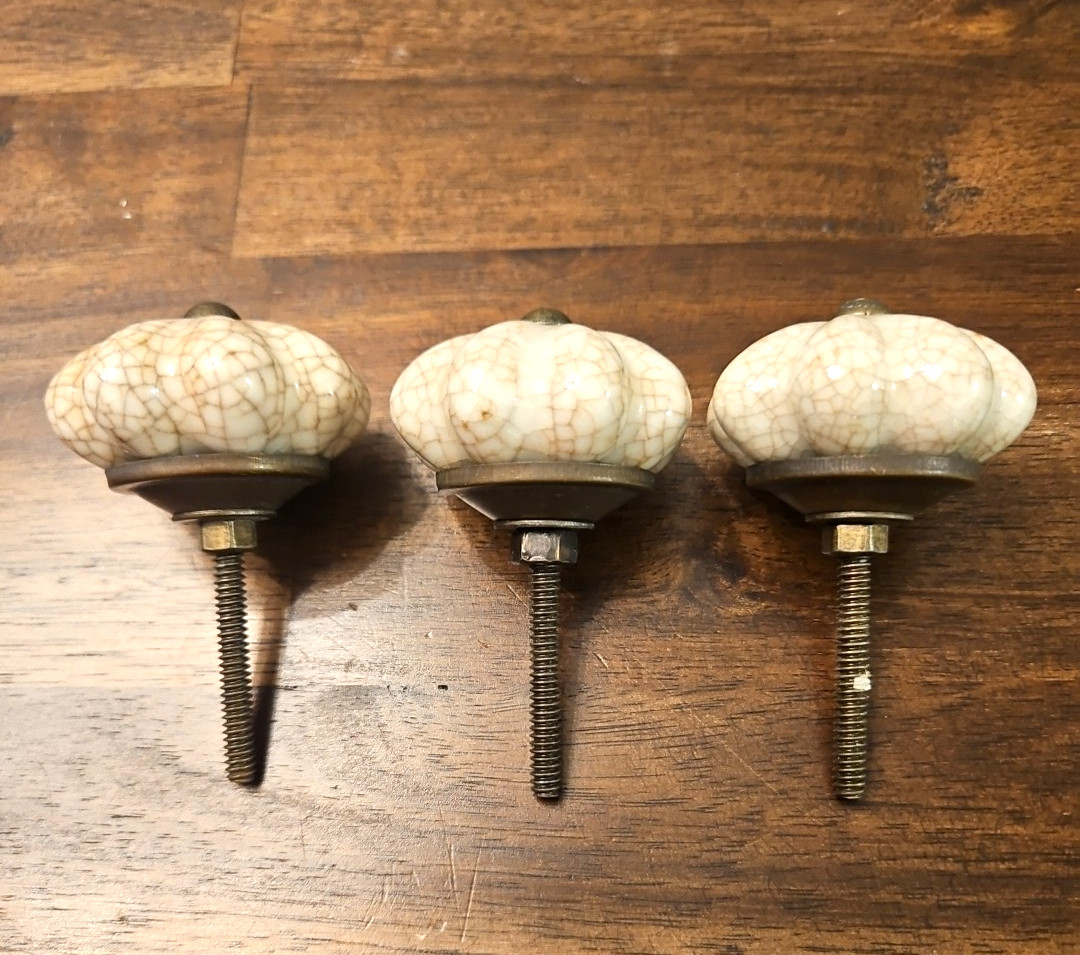 Vintage Beige Crackled Floret Porcelain Drawer Cabinet Pull Hardware Lot Of 3