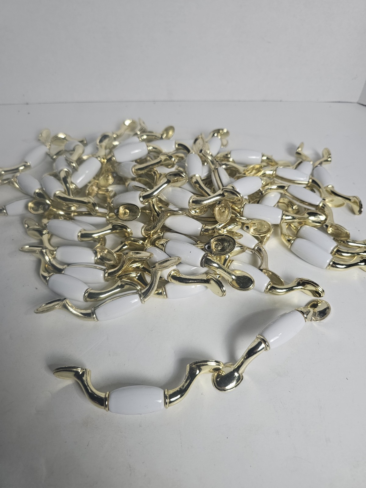 Vintage Drawer Pulls Lot Of 67 White Porcelain & Brass Tone