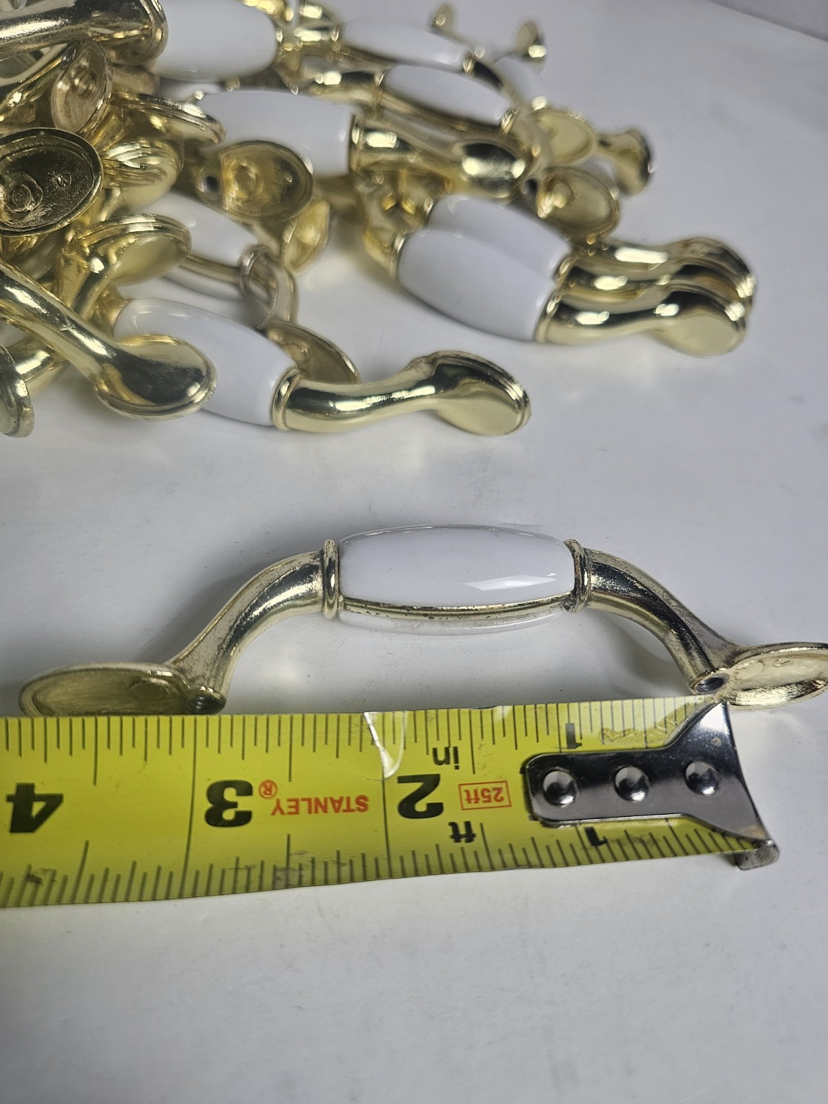 Vintage Drawer Pulls Lot Of 67 White Porcelain & Brass Tone