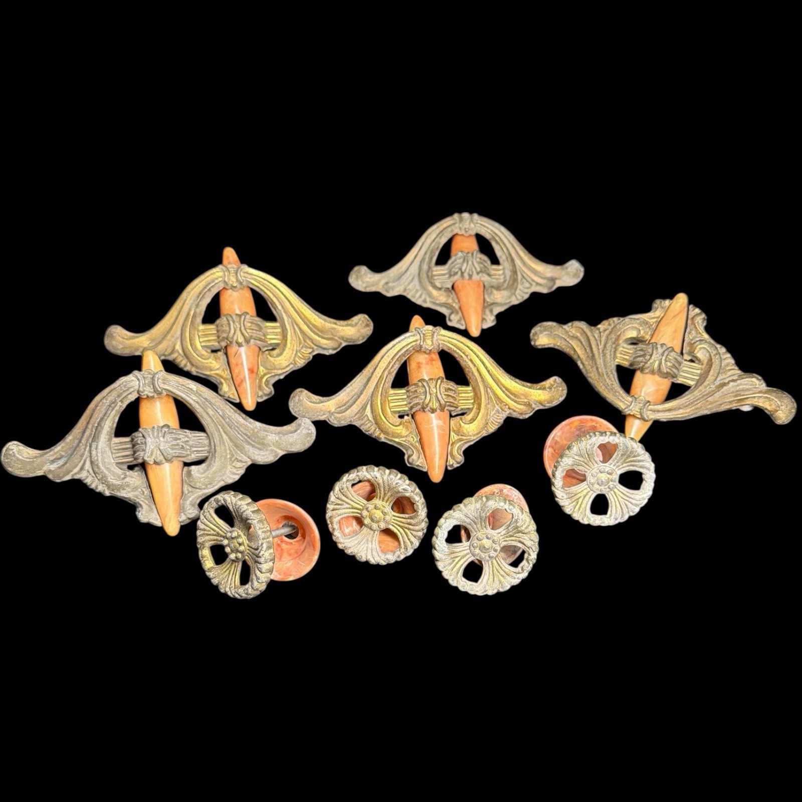 VTG Lot 10 Art Deco Drawer Waterfall Handles Pulls Orange Marble Bakelite Brass