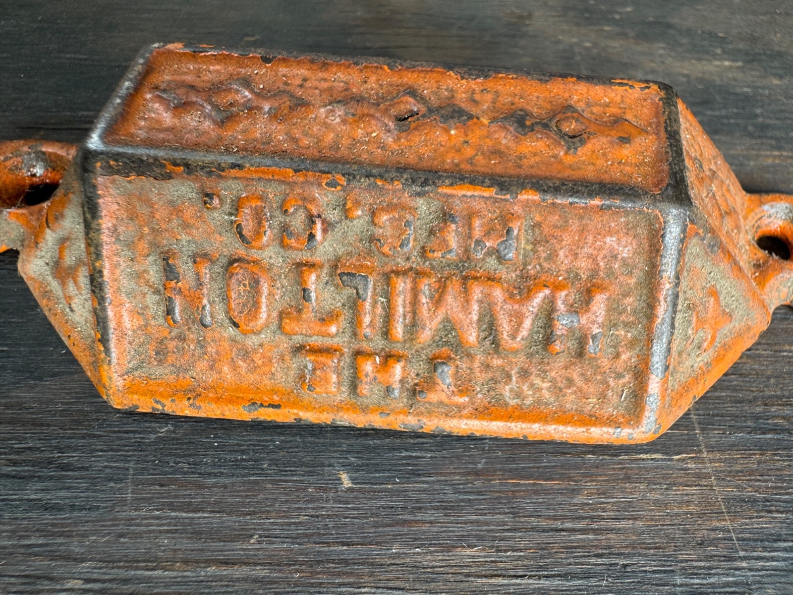 Beautiful Orange Antique cast Iron type tray HANDLE pull THE HAMILTON MFG. CO.