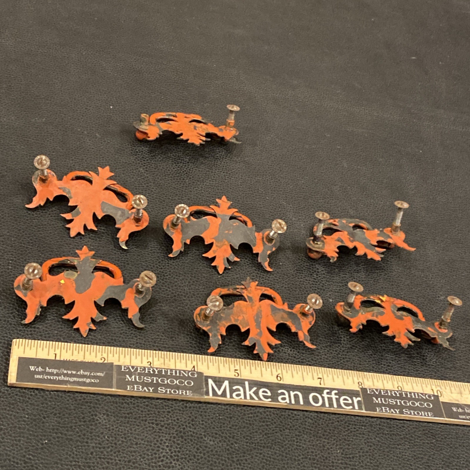 Antique Set Of 7 Chippendale Batwing Drop Style Metal Drawer Pulls Vtg Handles