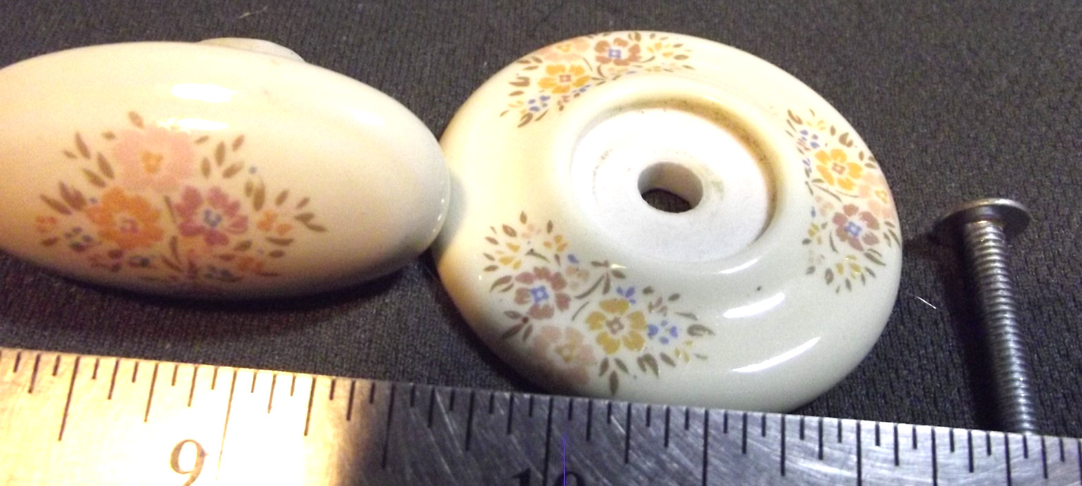 5 VTG Round Porcelain Drawer Pulls / Knob with BACK Plates FLORAL Design Japan