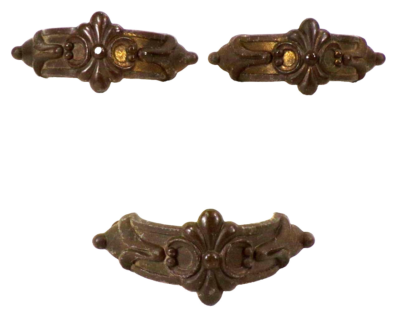 3 Art Deco Drawer Pulls Pot Metal Gold Paint Fleur de Lis Dresser Vanity VTG #5