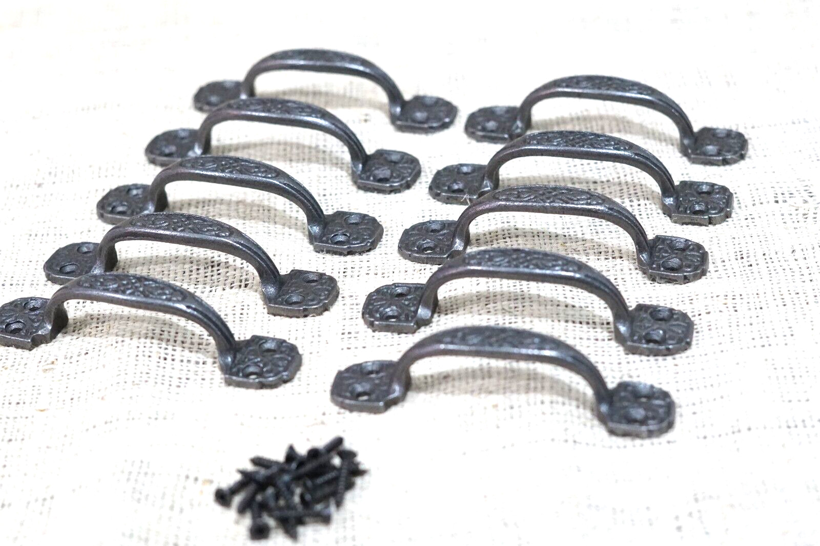 10 Small Drawer Pulls 4 1/4″ Window Antique Vintage Style Ornate Cast Iron Grasp