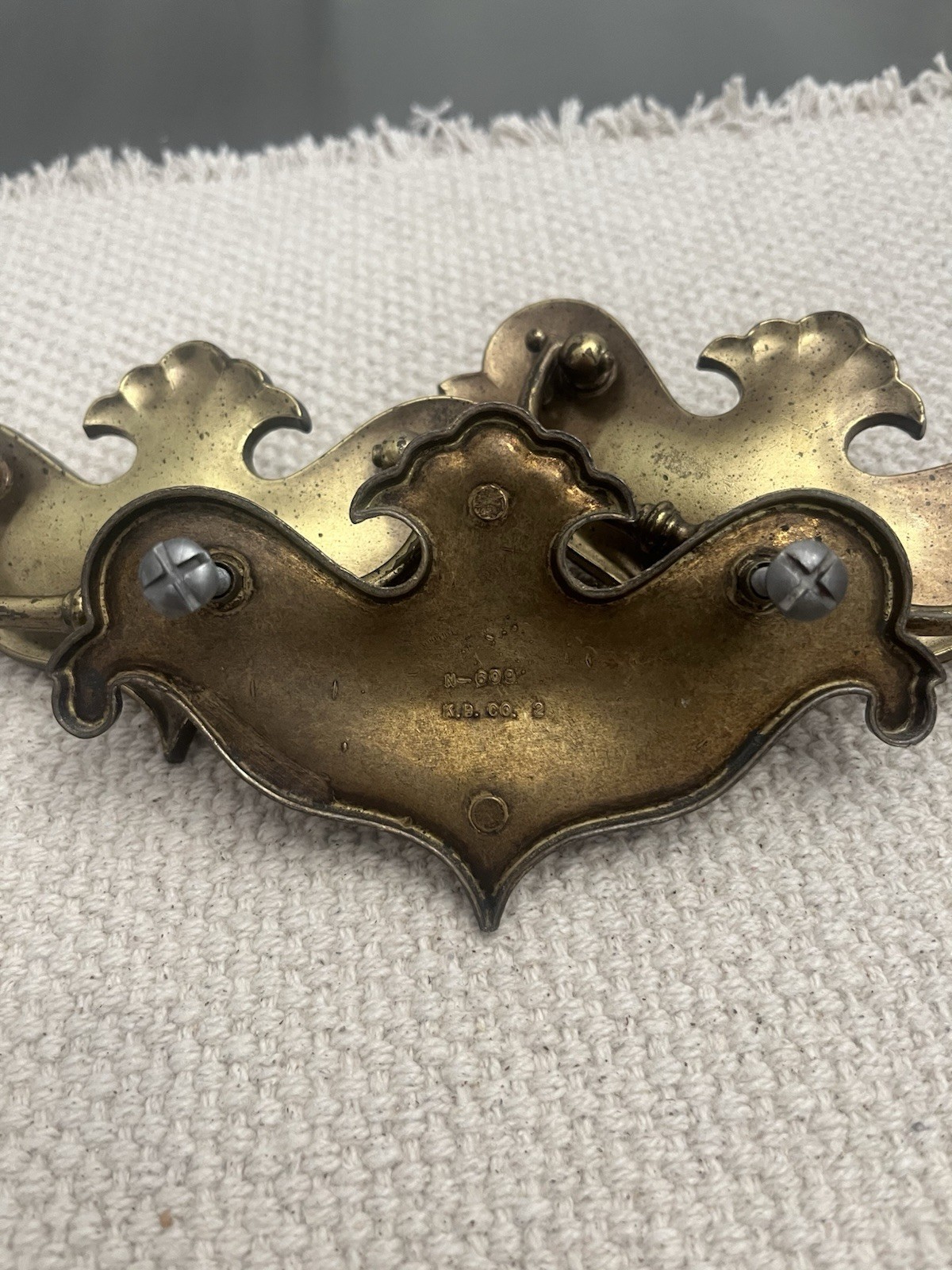 K.B. Co. Antique Brass Bail Pull Drawer Pull Ornate Rusted