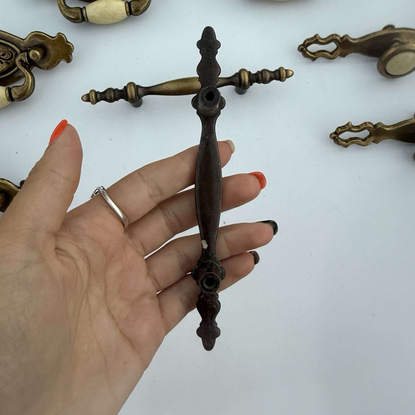 Vintage Brass Hardware Drawer Pulls With Beige Ceramic Center Bead Cabinet Mixed