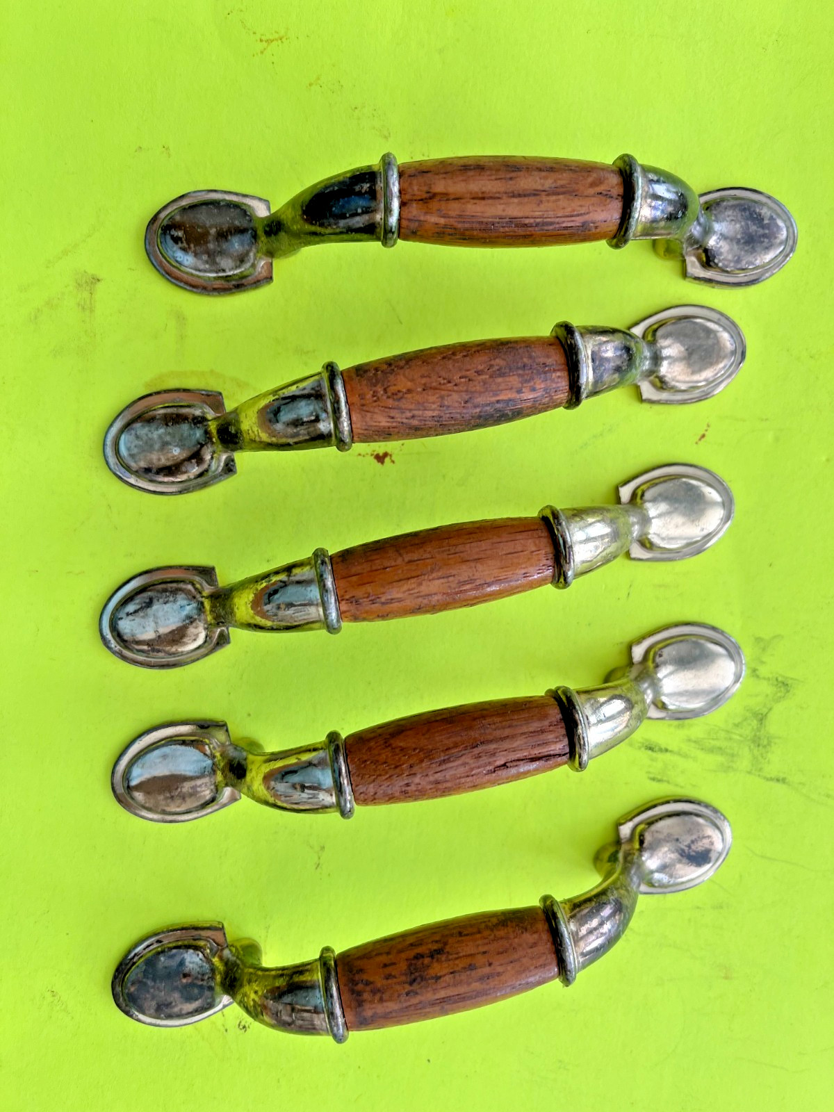 5 Vintage Wood and white metal Cabinet Pulls 3″ c x c Drawer Handles