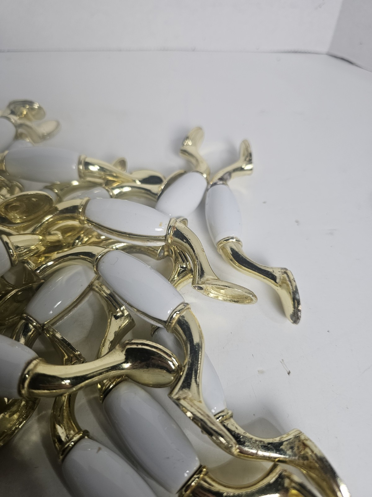 Vintage Drawer Pulls Lot Of 67 White Porcelain & Brass Tone