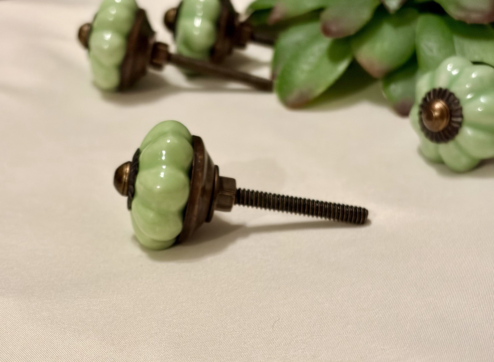 4 Antique Ceramic Drawer Pulls Green Flower Door Kitchen Cabinet Knob
