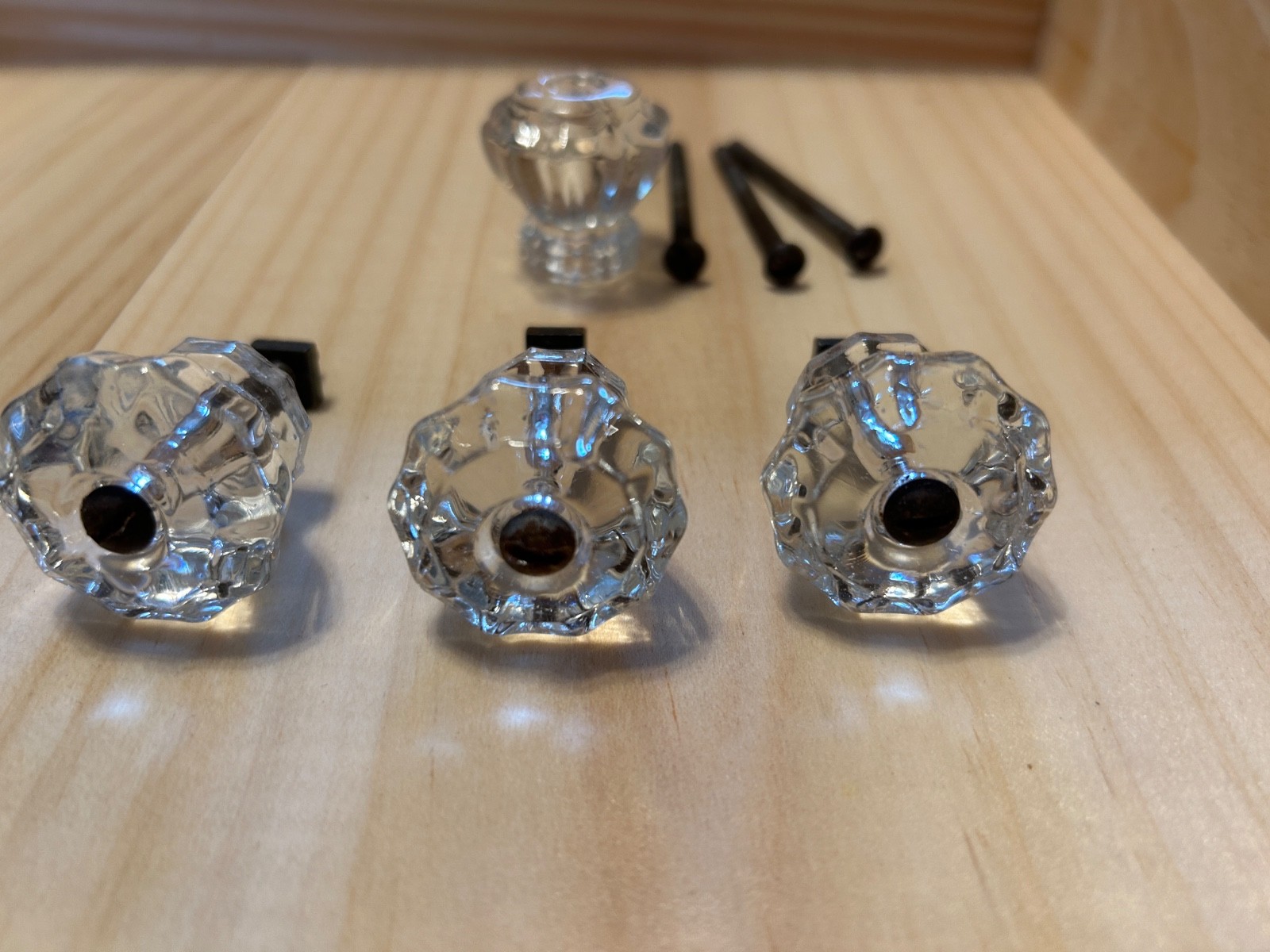 SET 4 1 1/8″L X 1 1/8W Flower Antique Glass Round Drawer Pulls Knob 1920s screw