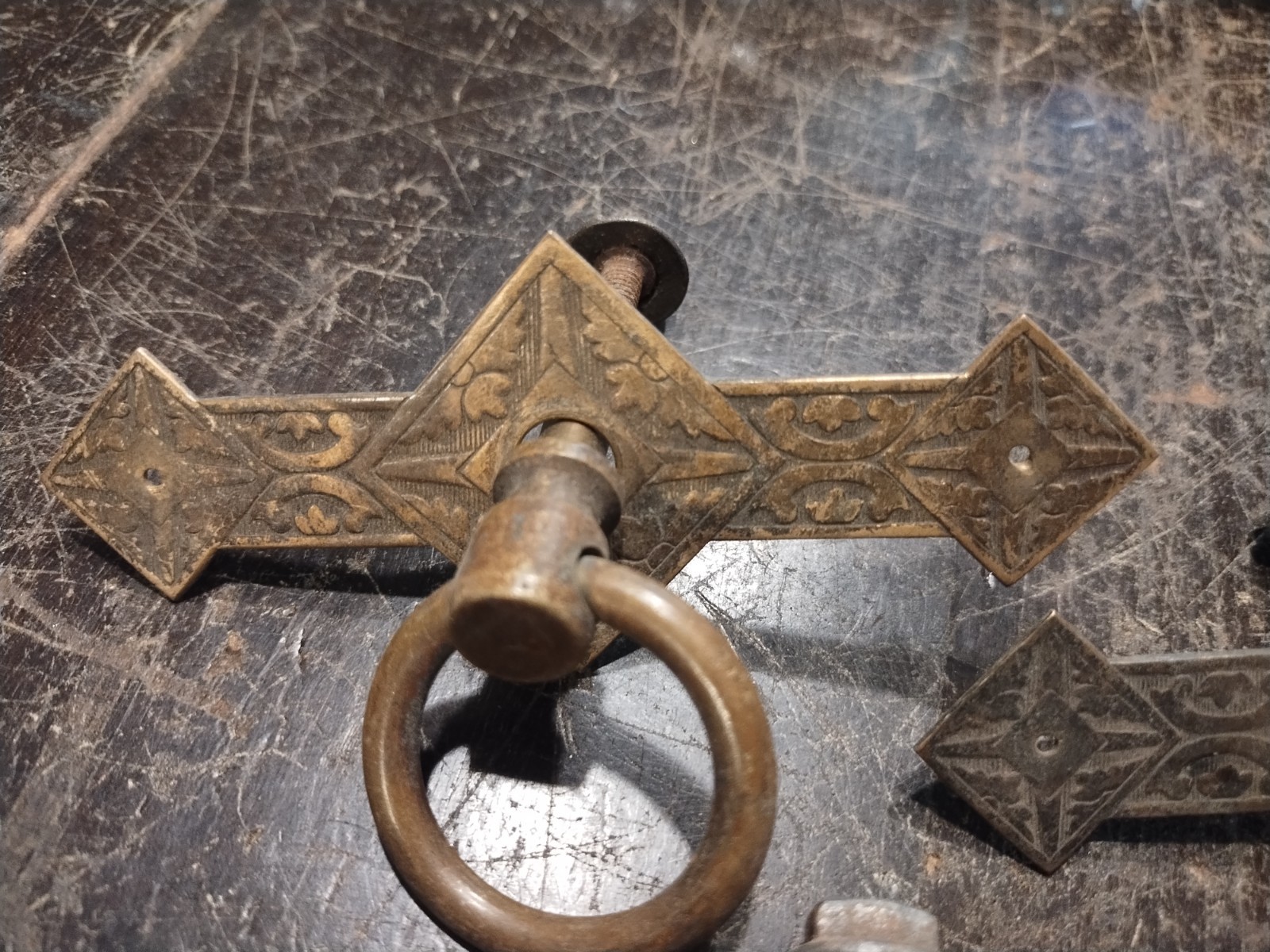 (3) Antique Vtg EASTLAKE Solid Brass Dresser Pulls Ornate Victorian