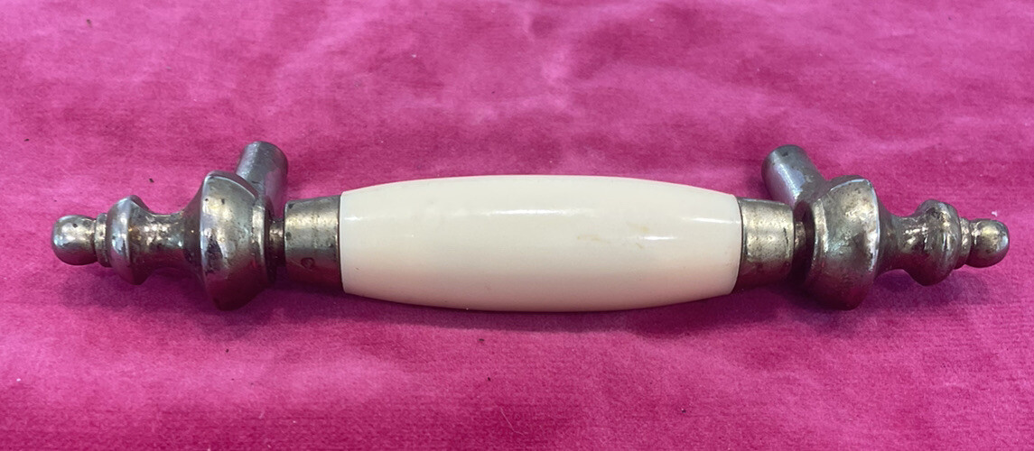 1960’s Aged Brass Steeple Tips 3” Center White/Off-White Beige Porcelain Drawer