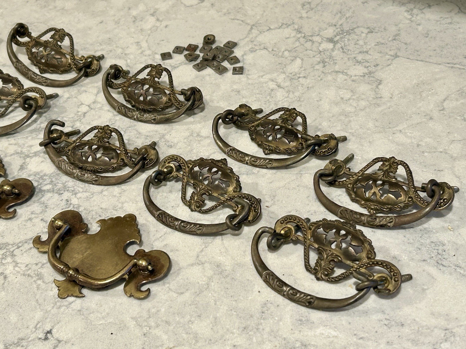 12 ANTIQUE VINTAGE VICTORIAN ORNATE DRAWER HANDLE PULL HARDWARE BRASS