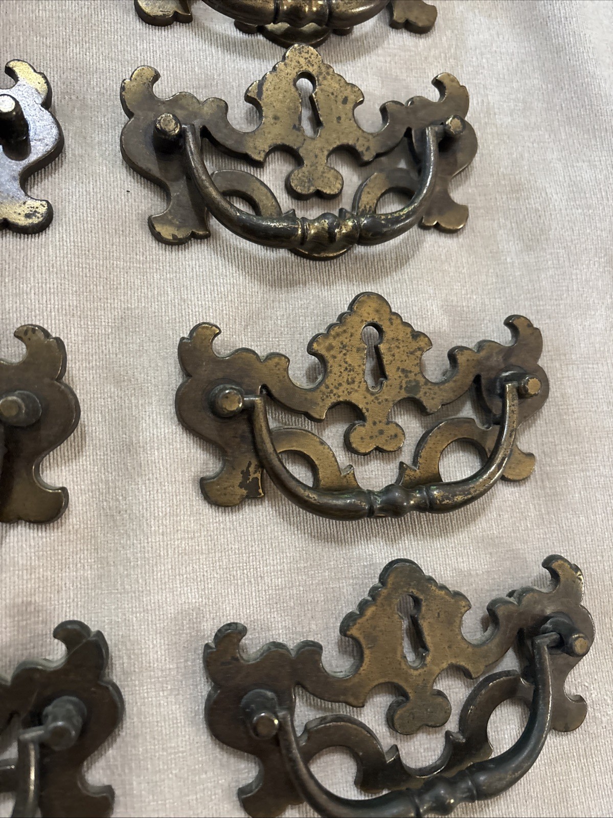 Chippendale Batwing Brass Drawer Pulls Set of 12 Bail Handles w/ Screws Vintage