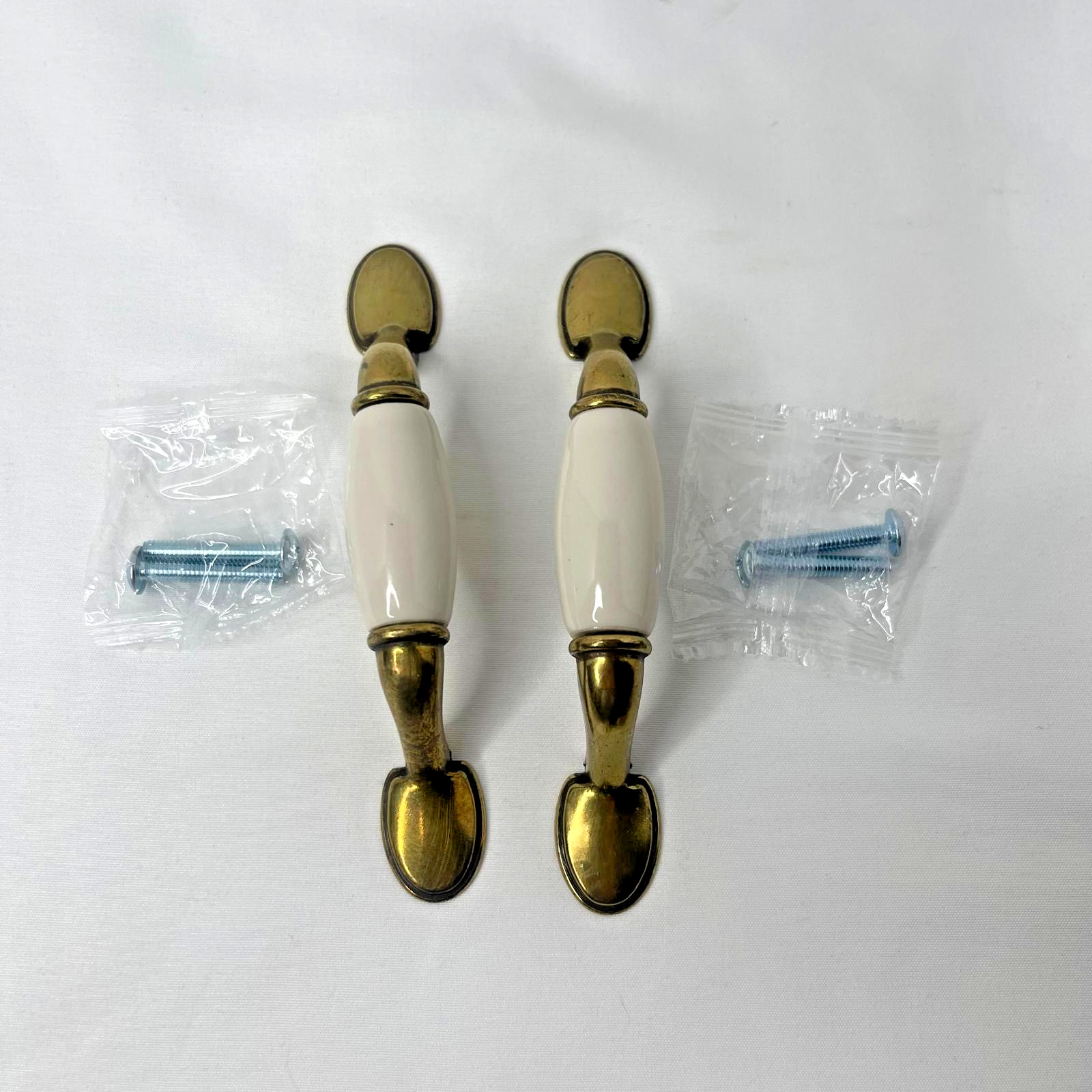 Set of 2 Vintage Drawer Pulls Brass & Off- White Ceramic Handles w Screws