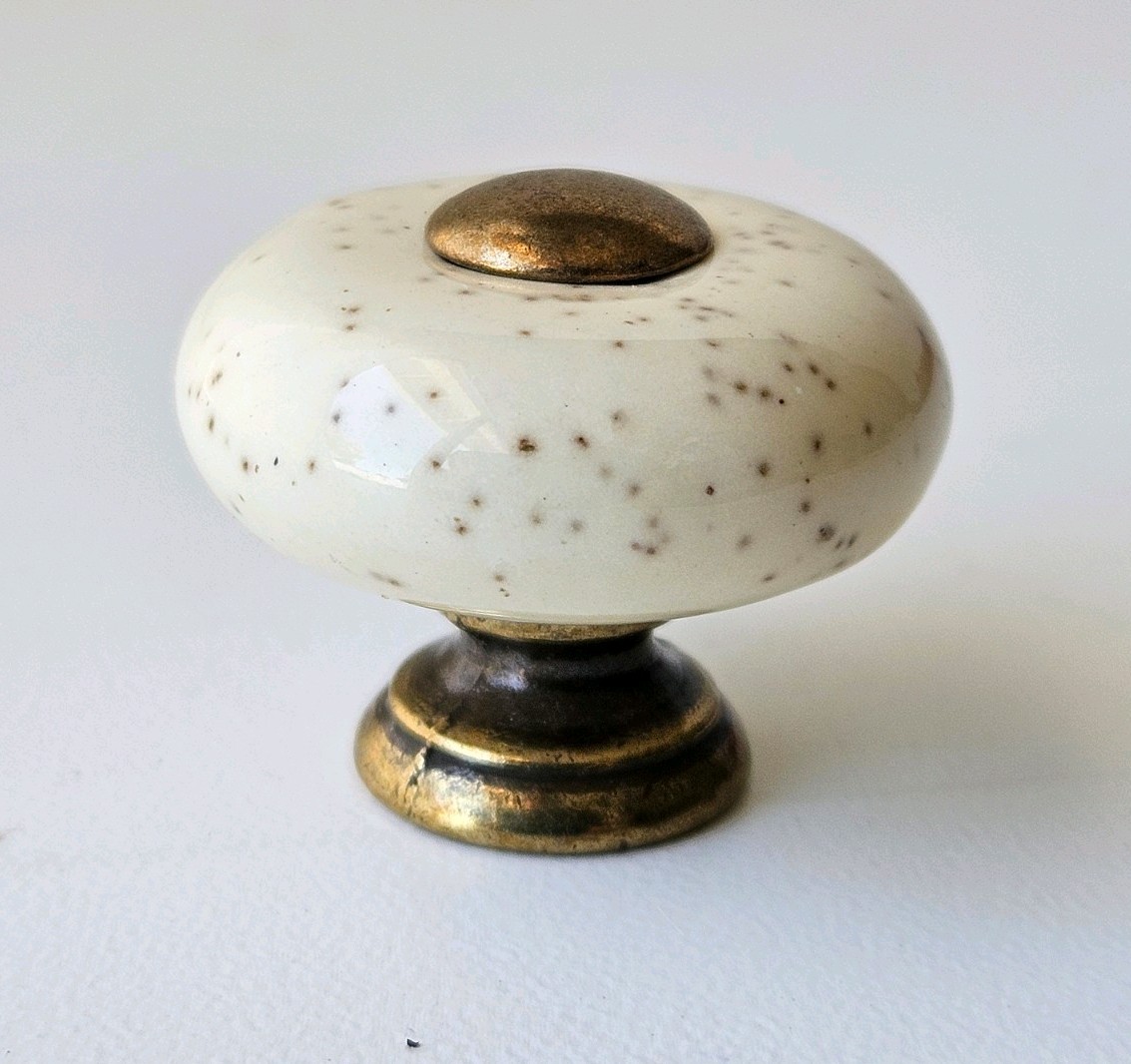 Vintage Beige Speckled Porcelain Knob & Backplate Cabinet Door Drawer Pulls NOS