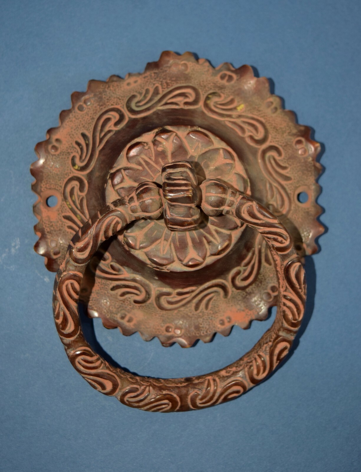 Brass Floral Engraved Door Pull Ornate Design Flower Base Art Gate Knocker EK951
