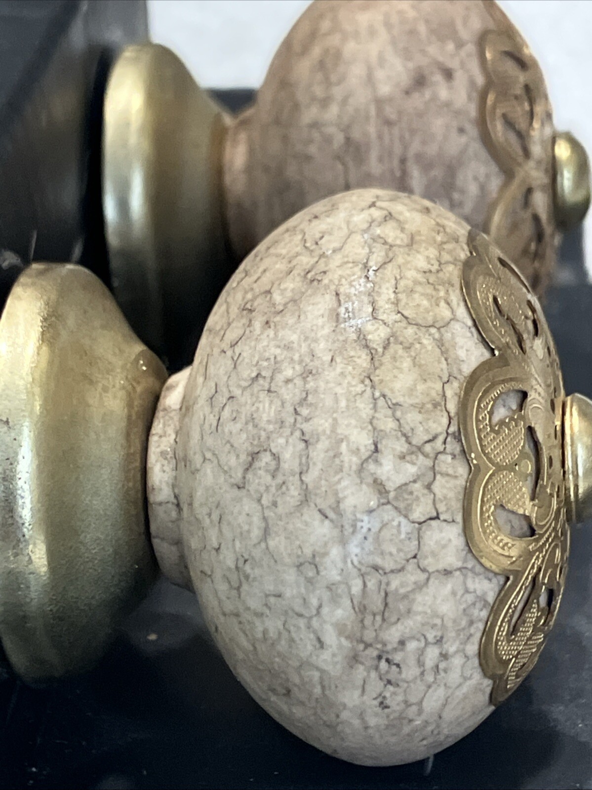 Set of 4 Vintage Fake Cork Porcelain Drawer Knobs With Floral Design brass