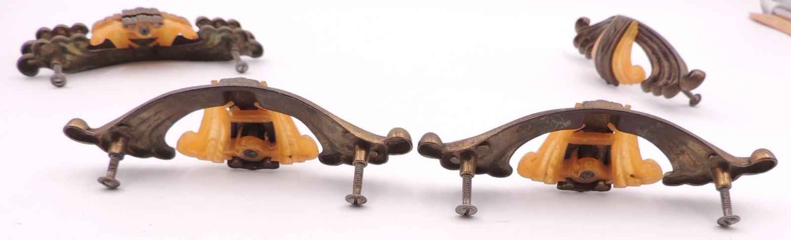 5 Art Deco Drawer Pull w/ Bakelite Vintage Knob Brasstone Waterfall Handle Set