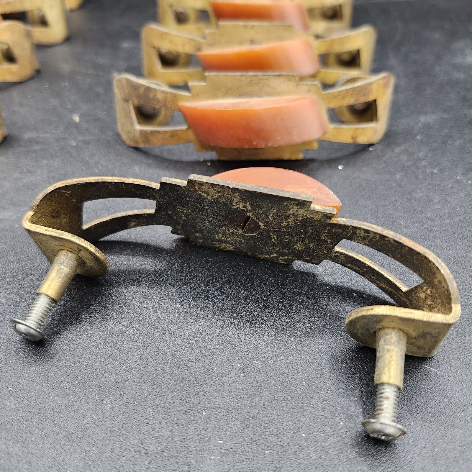 Vintage Art Deco Bakelite Brass Drawer Pull 1930s/40s Waterfall 3″OC- Read Ad