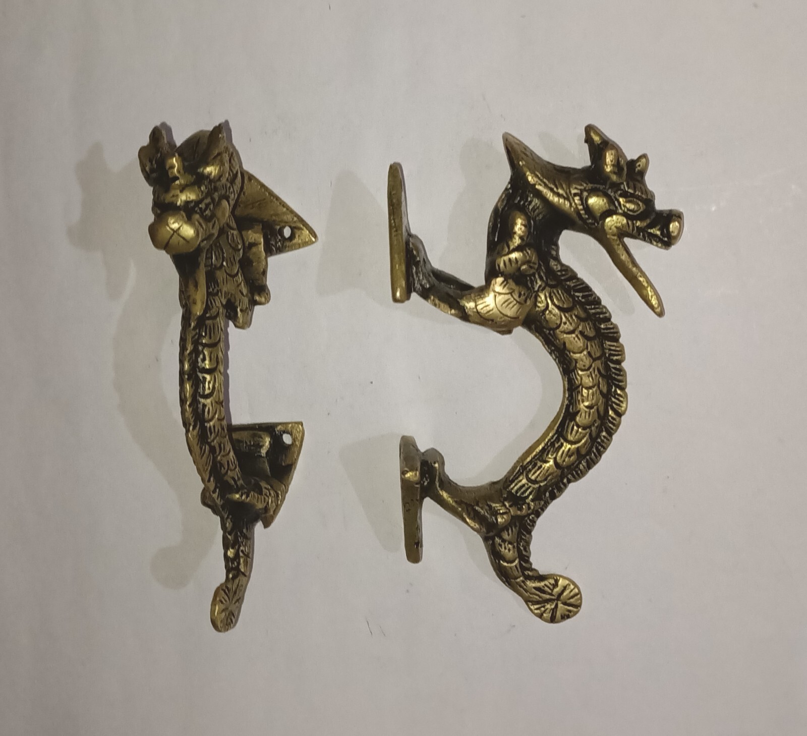 Fire Dragon Design Door Handle Pair Brass Feng Shui Theme Drawer Pull Set GTX