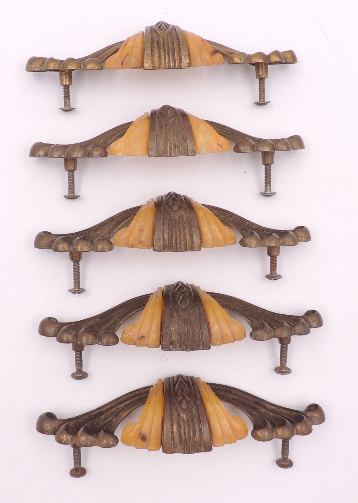 5 Art Deco Drawer Pull w/ Bakelite Vintage Knob Brasstone Waterfall Handle Set