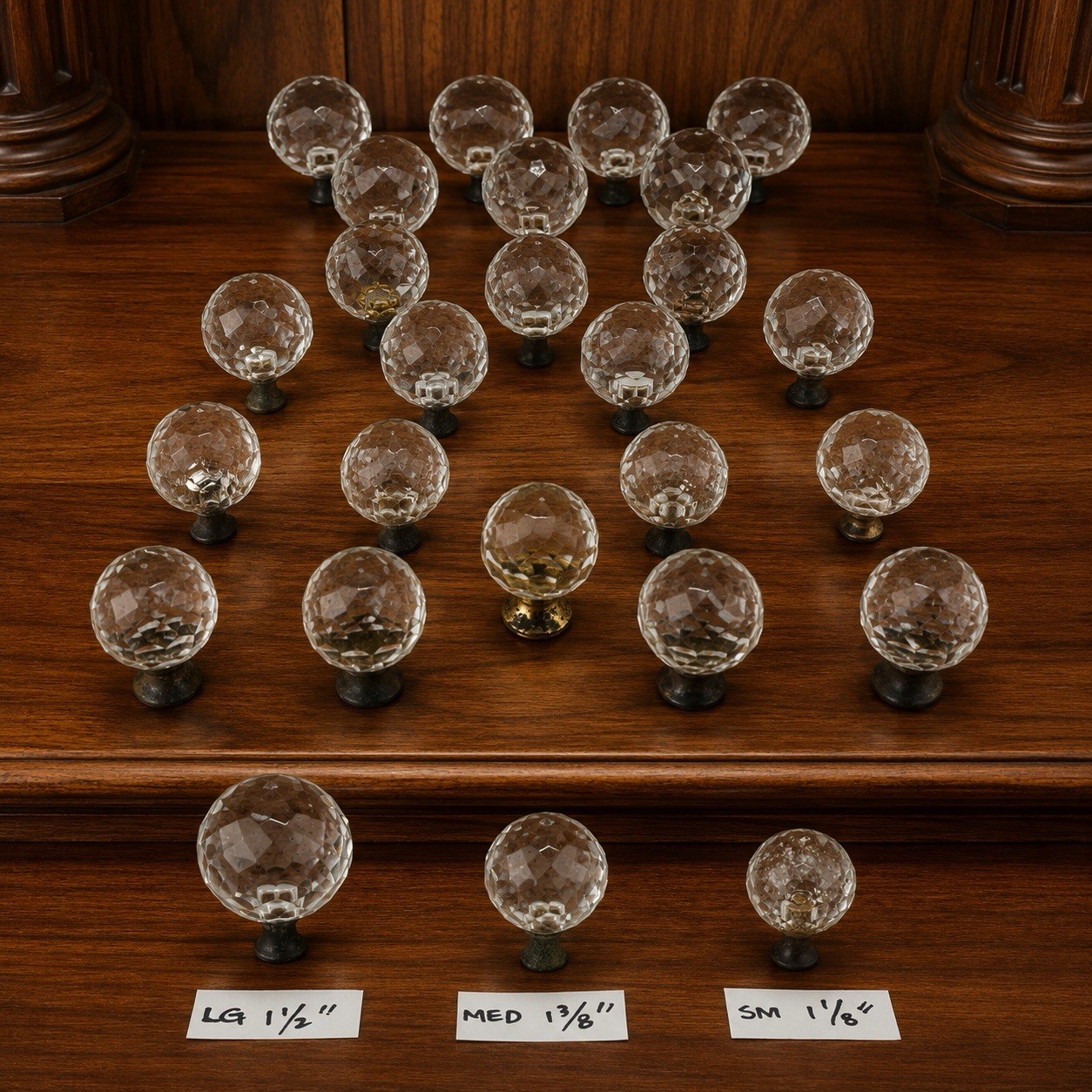 Lot 23 VTG 1930’s Faceted Glass Crystal Drawer Pulls Brass Cabinet Knobs 3 Sizes