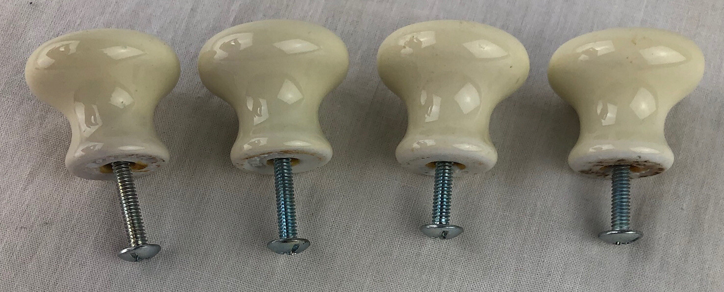 Porcelain Knobs With Screws Set of 4 Brown Stripe Off White Belwith Vintage