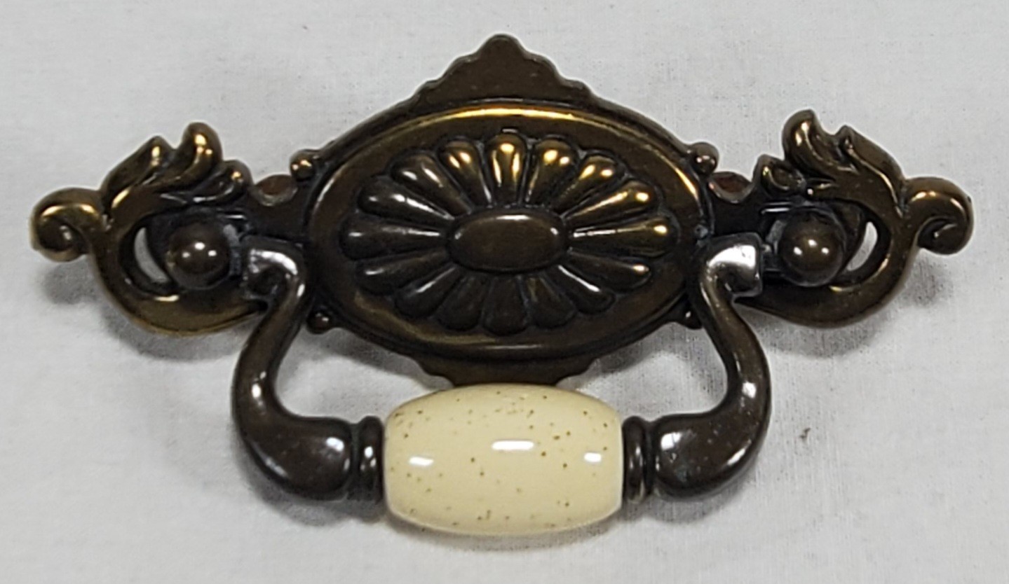 Vintage Brass Drawer Pull With Beige Ceramic Center Bead 2 1/4″ OC