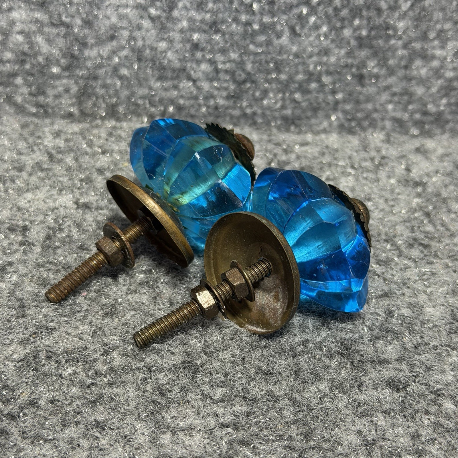 Vintage Brass Floral Aqua Blue Cut Glass Drawer Knob Handle Pull Handmade 2pcs