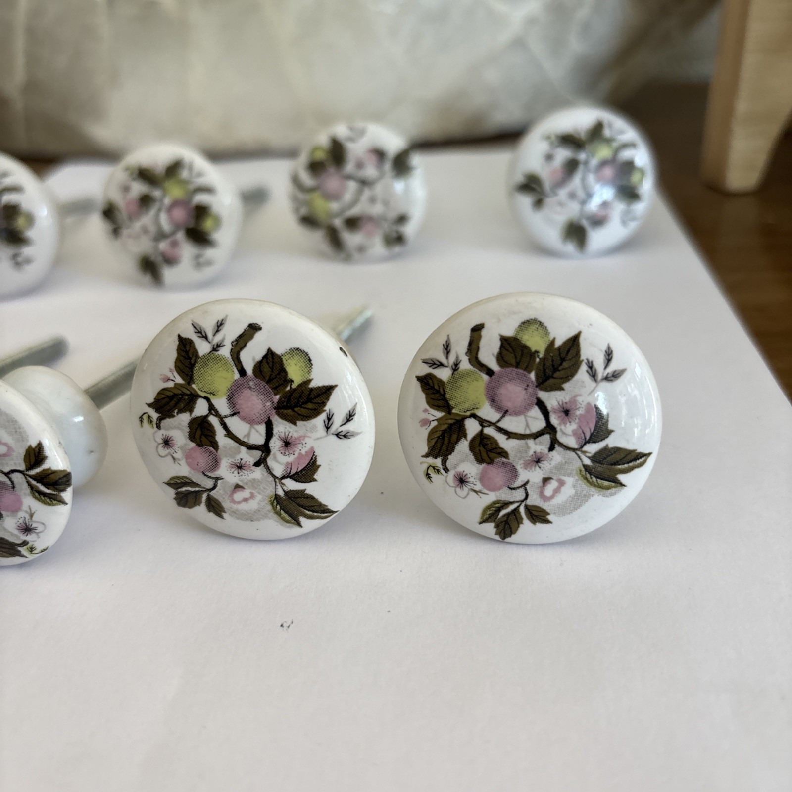 Vtg Porcelain Pulls/Knobs, White Painted Cherry Blossom Floral Design~Lot of 8