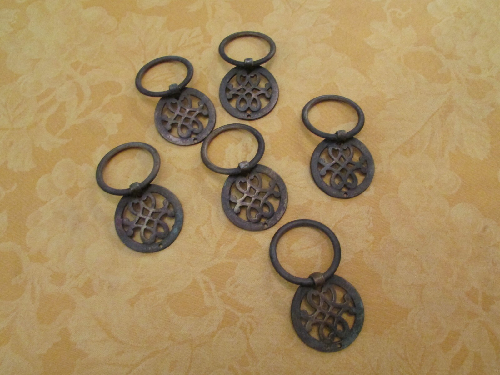 Set of 6 Matching Vintage Round Ornate Metal Brass Drawer Furniture Pulls w/bail