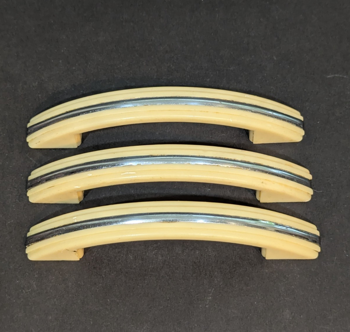 3 Art Deco Ivory Cream Color Plastic Drawer Cabinet Pulls with Chrome Strip