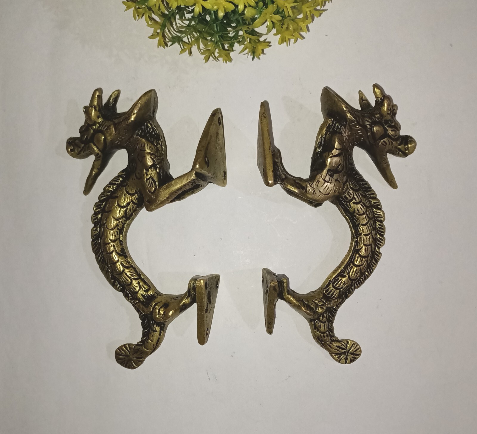 Fire Dragon Design Door Handle Pair Brass Feng Shui Theme Drawer Pull Set GTX
